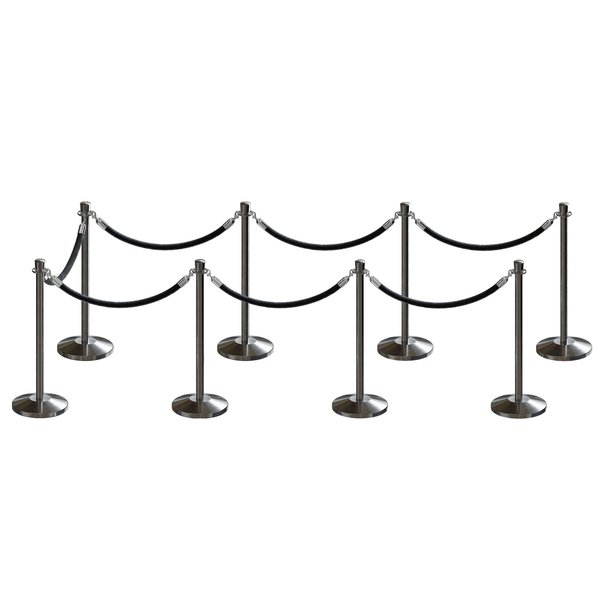 Montour Line Stanchion Post and Rope Kit Sat.Steel, 8 Crown Top 7 Black Rope C-Kit-8-SS-CN-7-ER-BK-PS